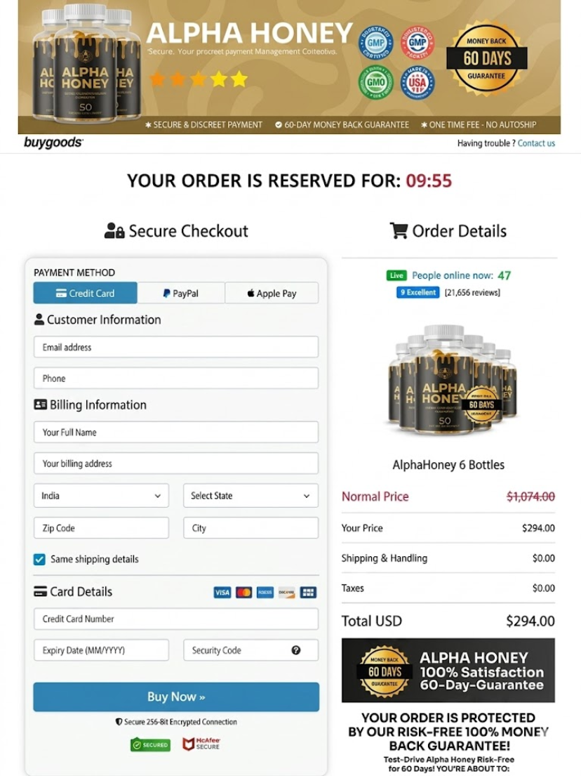 Secure checkout page for Alpha Honey order completion